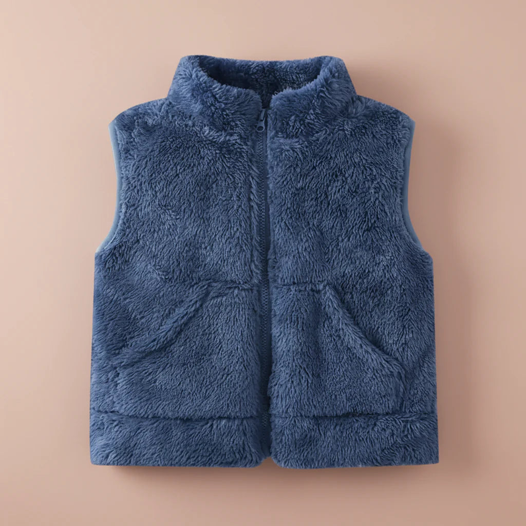 Front view of the blue fleece vest with a zip closure and two pockets