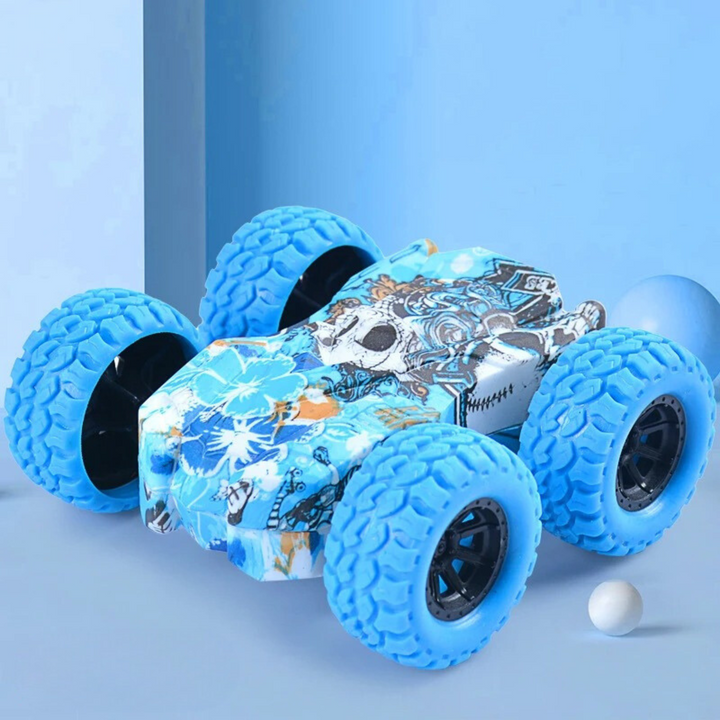 Blue toy car with textured blue wheels and illustrated body graphics on a blue background.