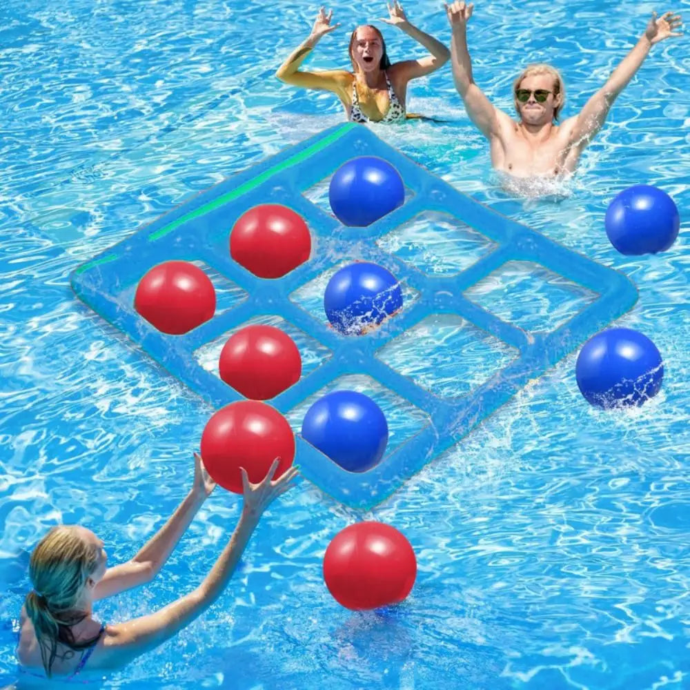 Blue inflatable pool game grid floating among red and blue balls during a group game
