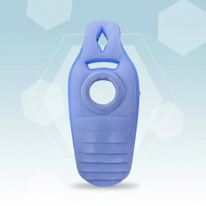 Front view of a blue inflatable pregnancy pillow with a circular belly opening