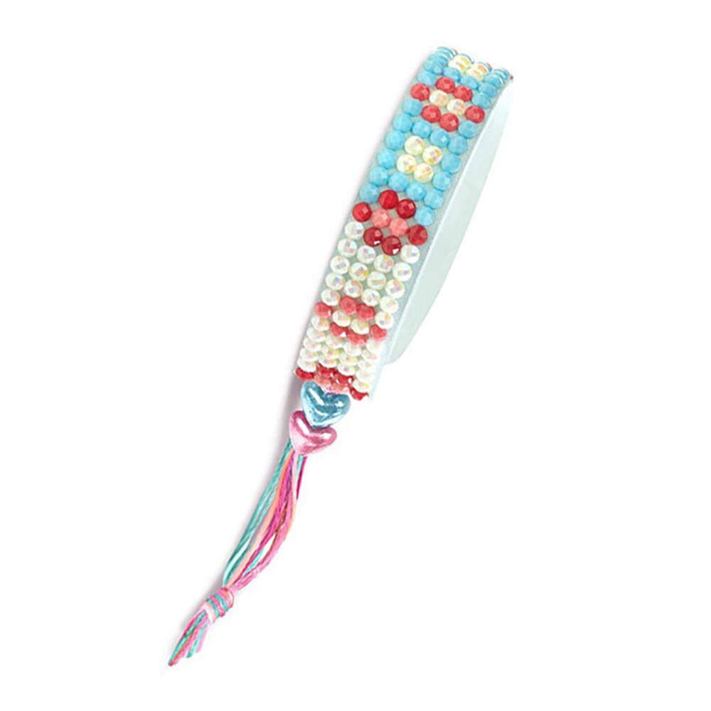 Blue bracelet with colorful flower-patterned gems and multicolored tie cords