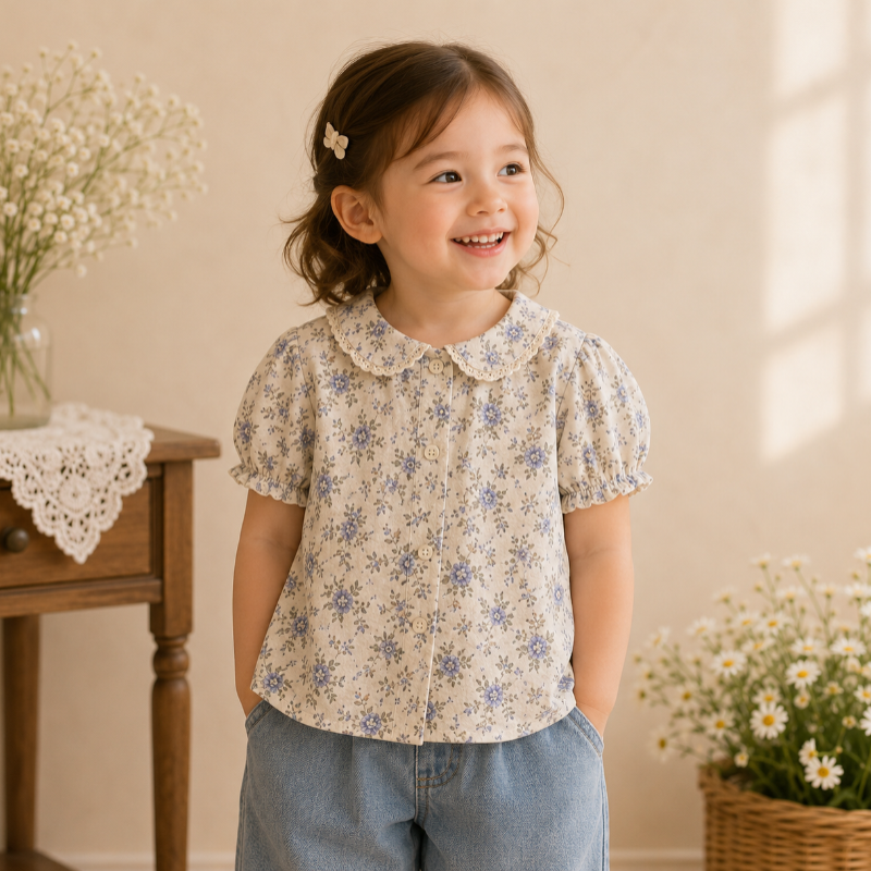 Girl wearing a blue floral blouse with a lace-trimmed collar and denim shorts