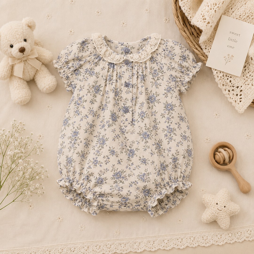 Blue floral baby romper with puff sleeves and a lace-edged rounded collar.