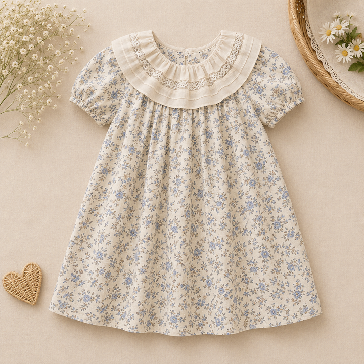 Blue floral dress with short sleeves and a layered ruffle collar.