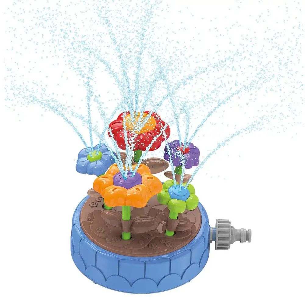 Blue flower sprinkler option with multicolored flowers and a side hose connector