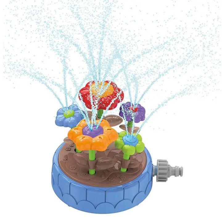 Blue flower sprinkler option with multicolored flowers and a side hose connector