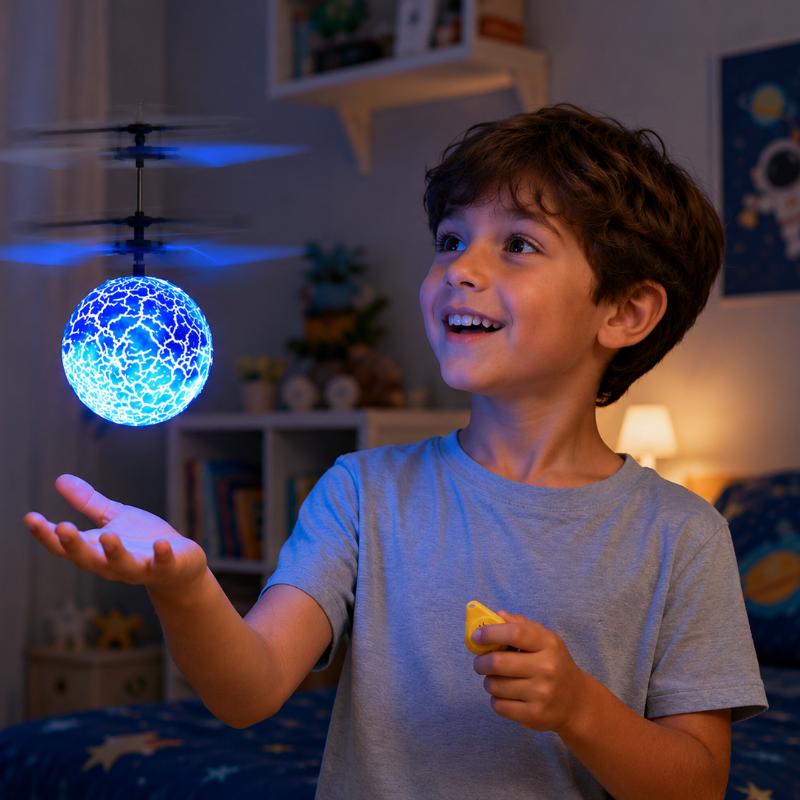 Child holding a hand beneath a blue LED flying ball indoors
