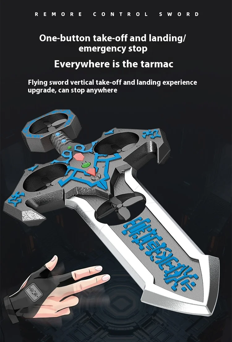 Blue-accent flying sword and wrist controller illustrating one-button takeoff and landing