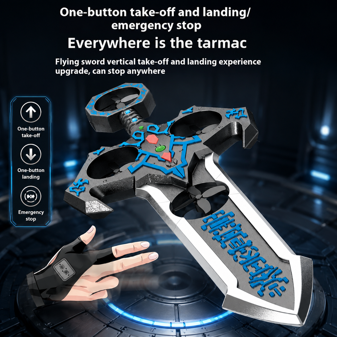 Blue-accent flying sword with gesture controller and takeoff, landing, and stop controls