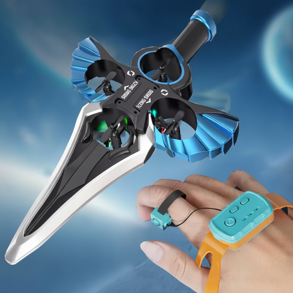 Blue flying sword with a turquoise wrist-mounted gesture controller