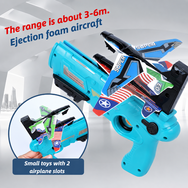 Blue foam airplane launcher with a close-up of the loading slots