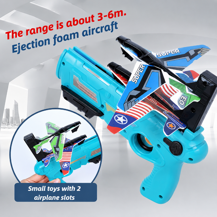 Blue foam airplane launcher with a close-up of the loading slots