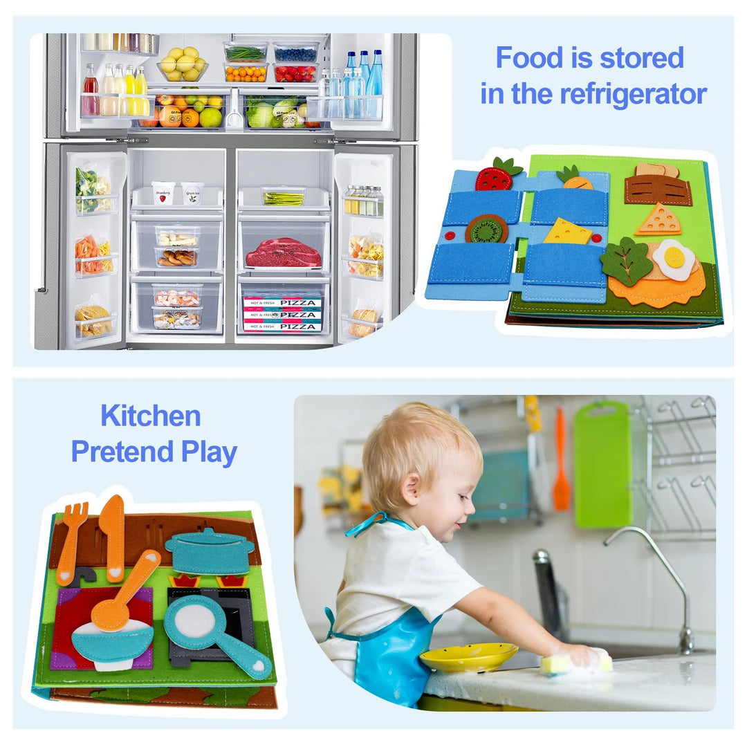 Food-storage and kitchen activity pages shown alongside a refrigerator and a child at a sink
