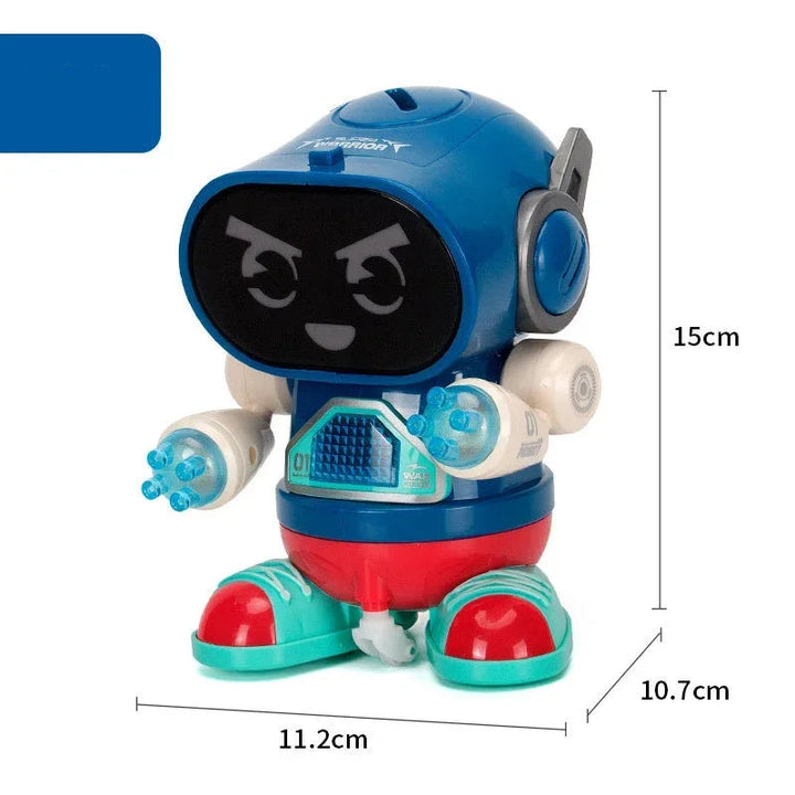 Blue footed toy robot with red and green shoes and labeled size measurements