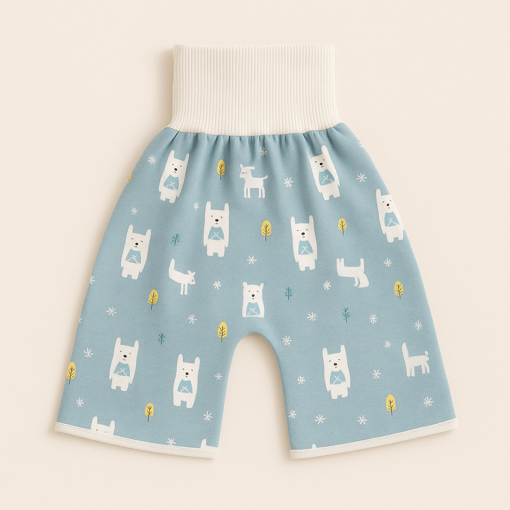 Blue forest-animal training pants laid flat on a peach background