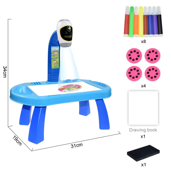 Blue drawing projector with measurements, four picture discs, eight coloring pens and drawing book