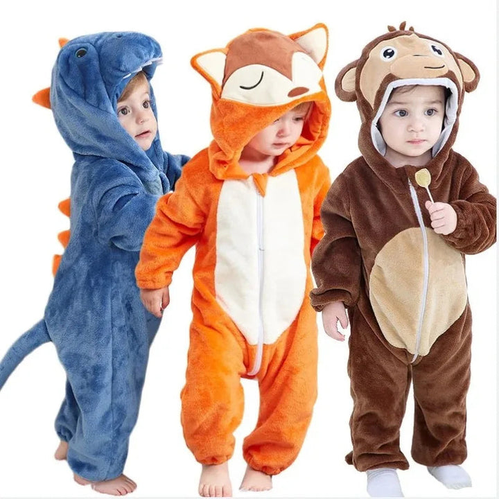 Blue animal, orange fox, and brown monkey onesies shown on three children