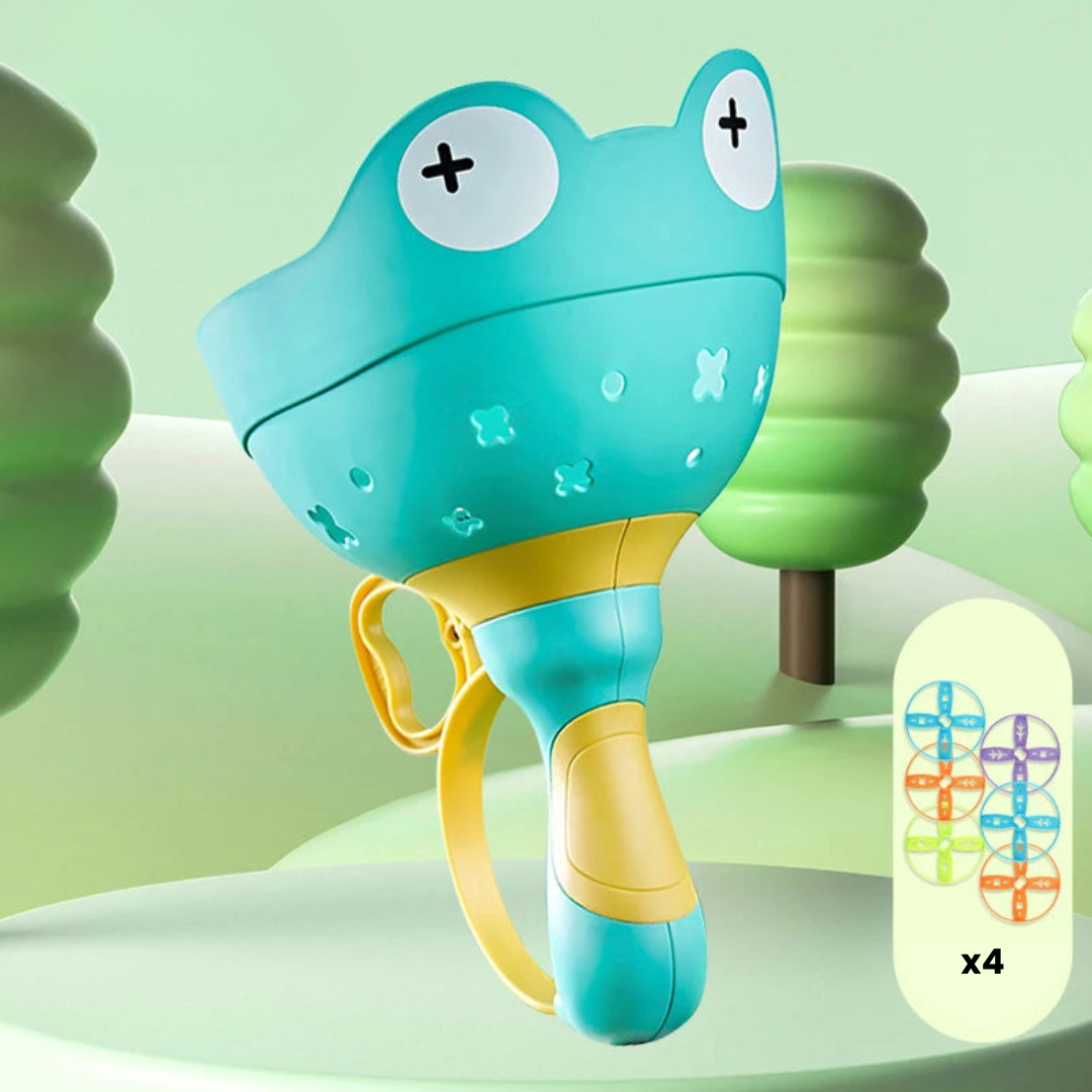 Blue frog-shaped disc launcher with an inset showing four discs