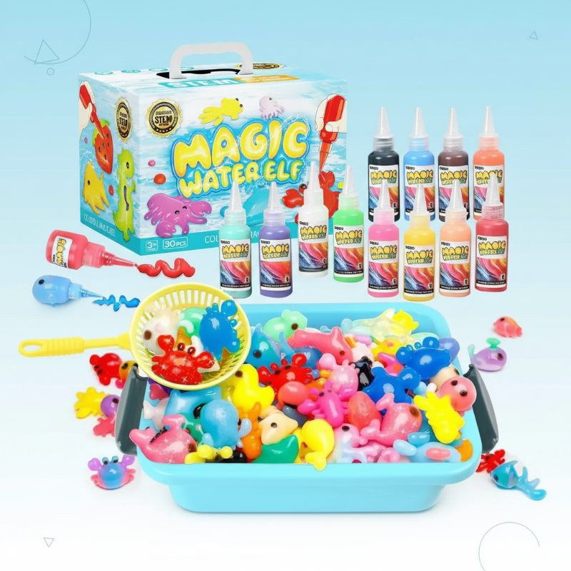 Blue gel craft set with squeeze bottles, molds, tools, and a container of colorful figures