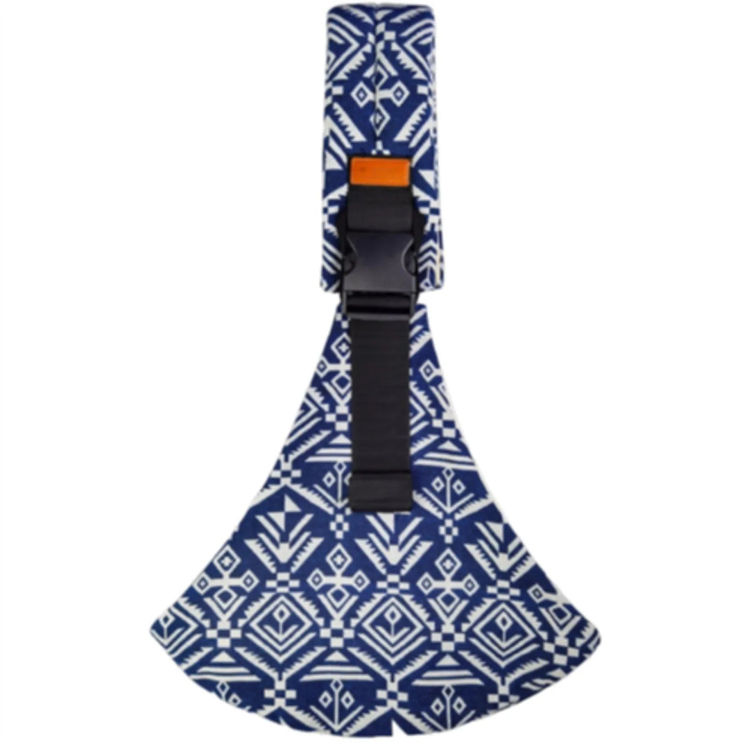 Blue-and-white geometric hip carrier with a black buckle and adjustable strap