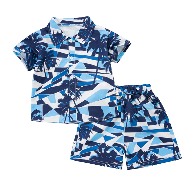Blue-and-white geometric shirt and matching shorts with palm silhouettes
