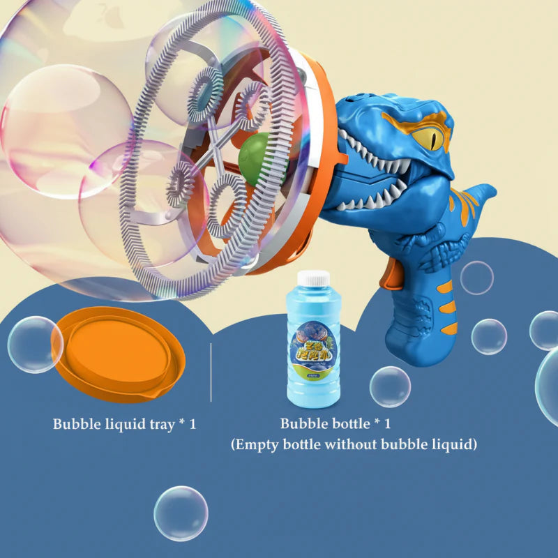 Blue dinosaur bubble gun set with a large ring, orange dipping tray, and empty bottle