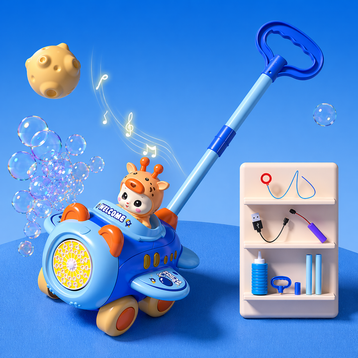 Blue airplane-style bubble push cart with a giraffe character, blue handle and accessory inset.