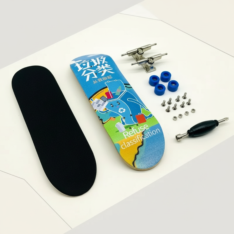Blue graphic fingerboard deck with a black grip pad, blue wheels, metal trucks, hardware, and a tool.