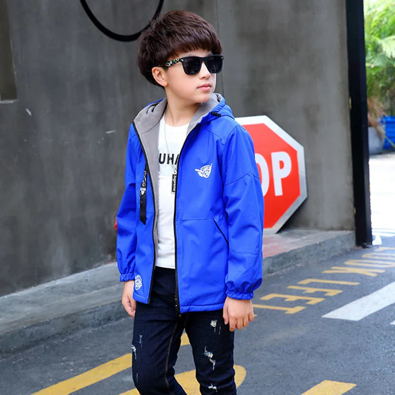 Child wearing a bright blue hooded jacket with gray lining outdoors.
