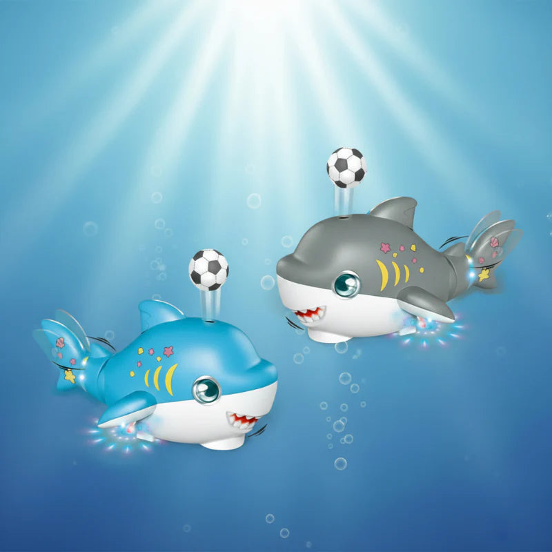 Blue and gray shark toys with floating soccer-style balls and colorful lights beneath their fins