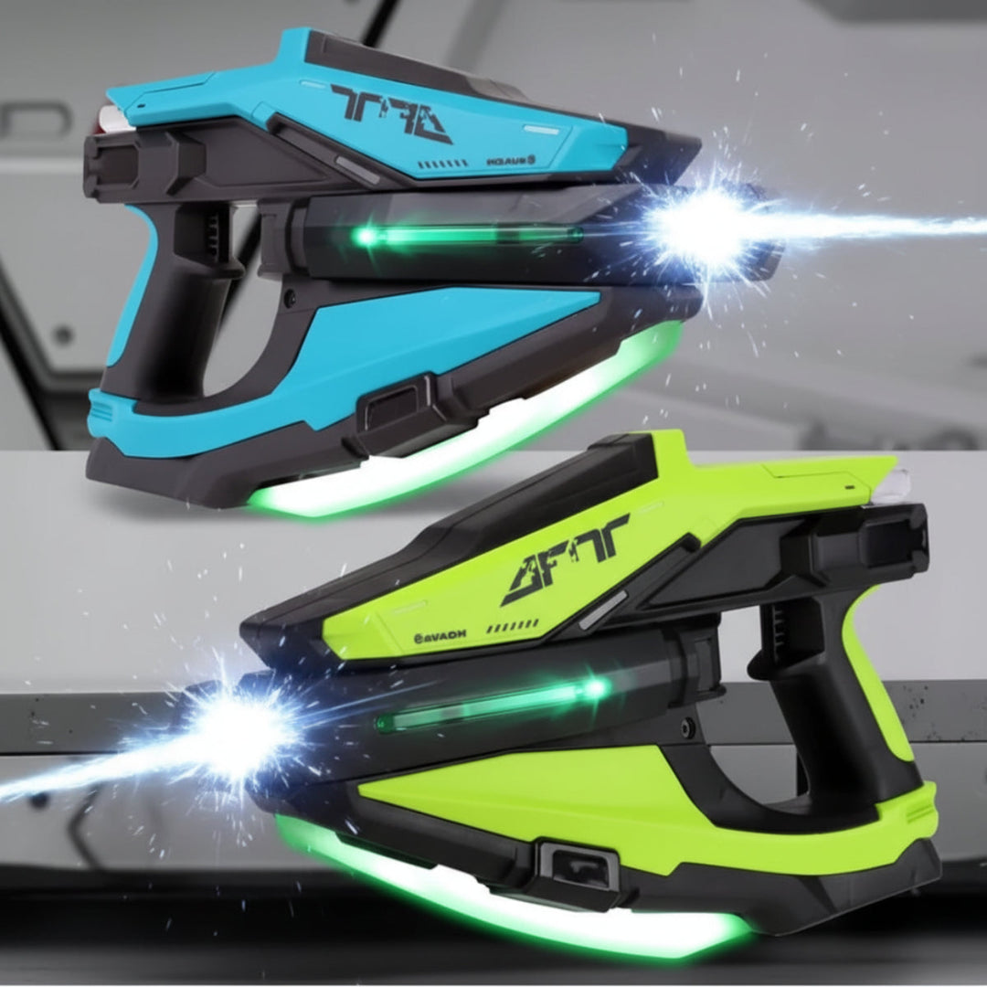 Blue and green automatic water blasters with illuminated panels and water streams