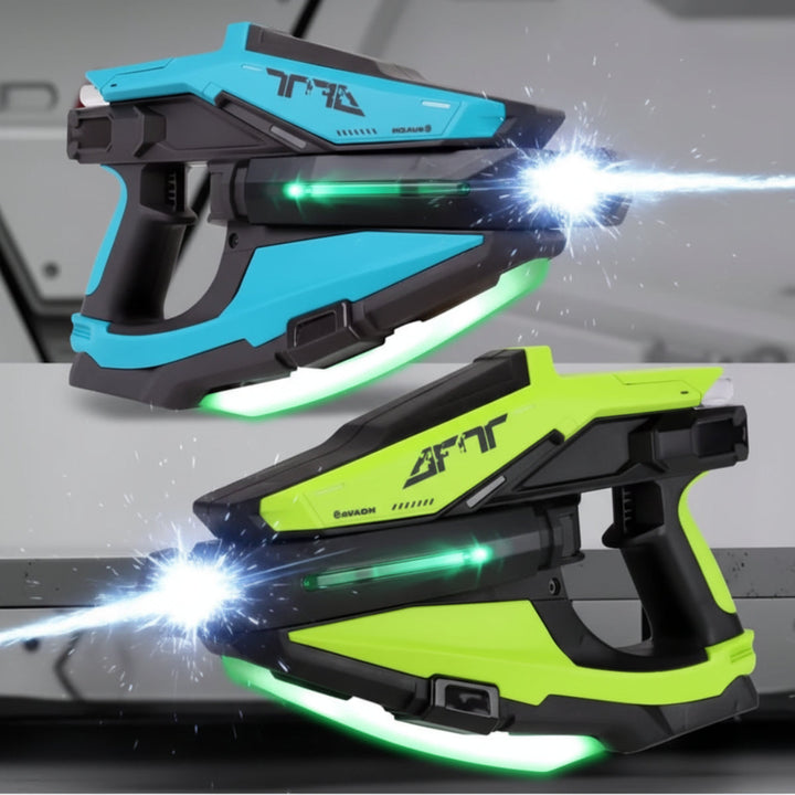 Blue and green automatic water blasters with illuminated panels and water streams