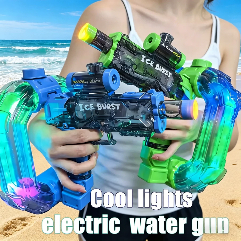 Blue and green automatic water guns with transparent bodies and rainbow-gradient reservoirs.