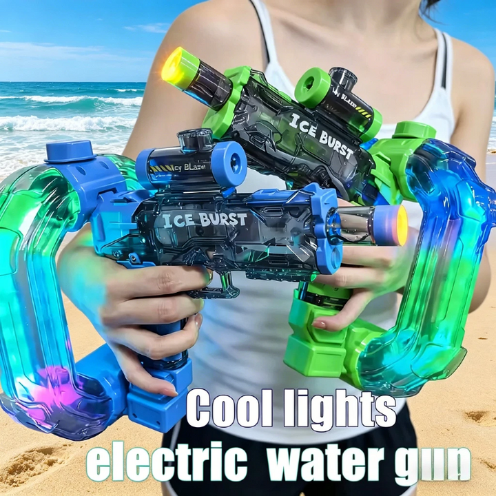 Blue and green automatic water guns with transparent bodies and rainbow-gradient reservoirs.