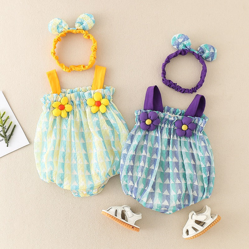 Blue and Green geometric-print baby rompers displayed with matching headbands and white sandals