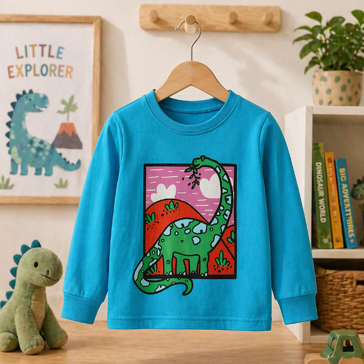 Blue sweatshirt with a green long-neck dinosaur inside a pink rectangular graphic