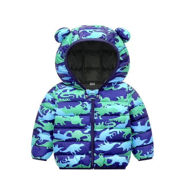 Blue and green dinosaur-print puffer jacket with a bear-ear hood