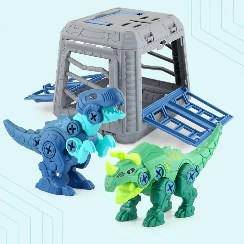 Blue and green assembled dinosaur toys beside a gray storage box with open blue doors