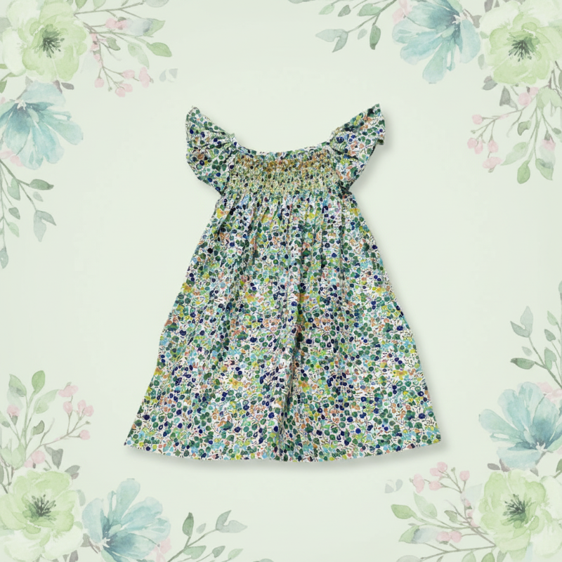 Blue and green floral flutter-sleeve dress displayed flat with a gathered skirt.