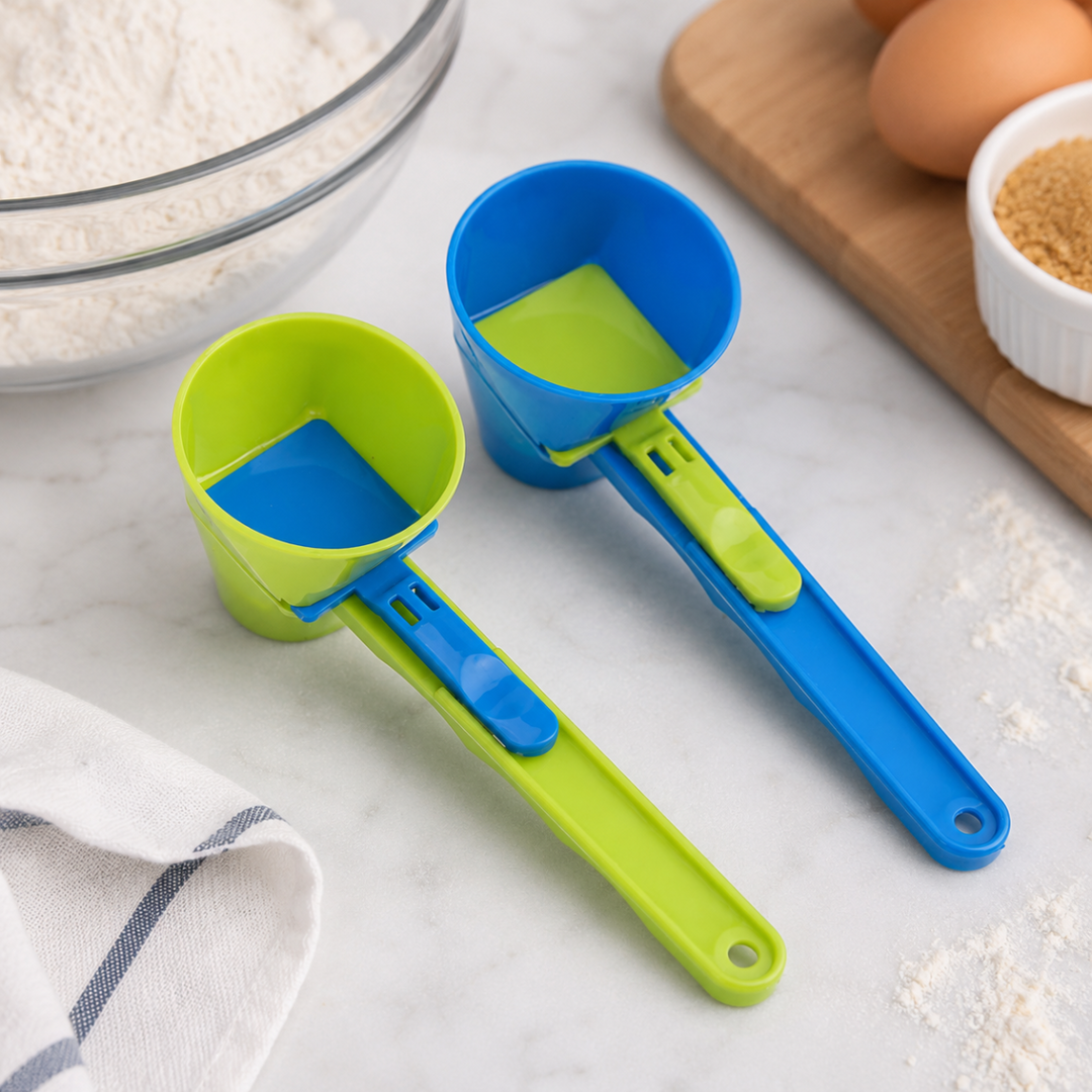 Blue and green measuring scoops with contrasting sliding bases on a kitchen counter