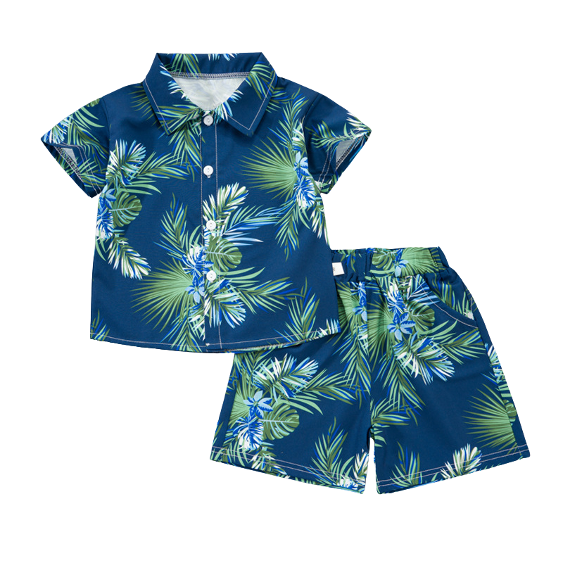 Blue shirt and matching shorts with green palm-leaf prints