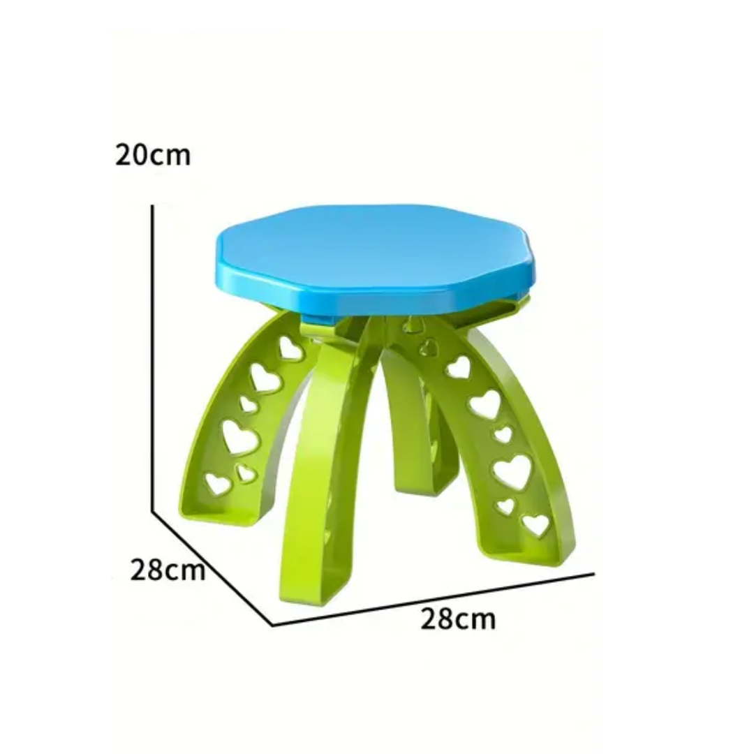 Blue-and-green stool with a diagram showing a 28 x 28 cm base and 20 cm height