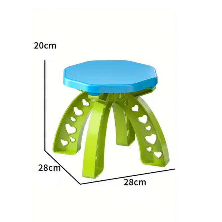 Blue-and-green stool with a diagram showing a 28 x 28 cm base and 20 cm height