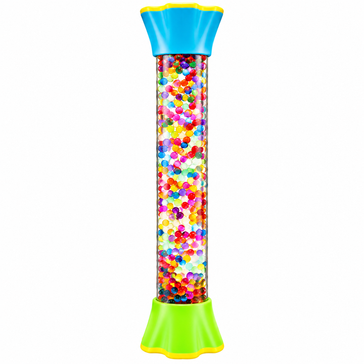 Rainbow bead sensory tube with a blue top and green base