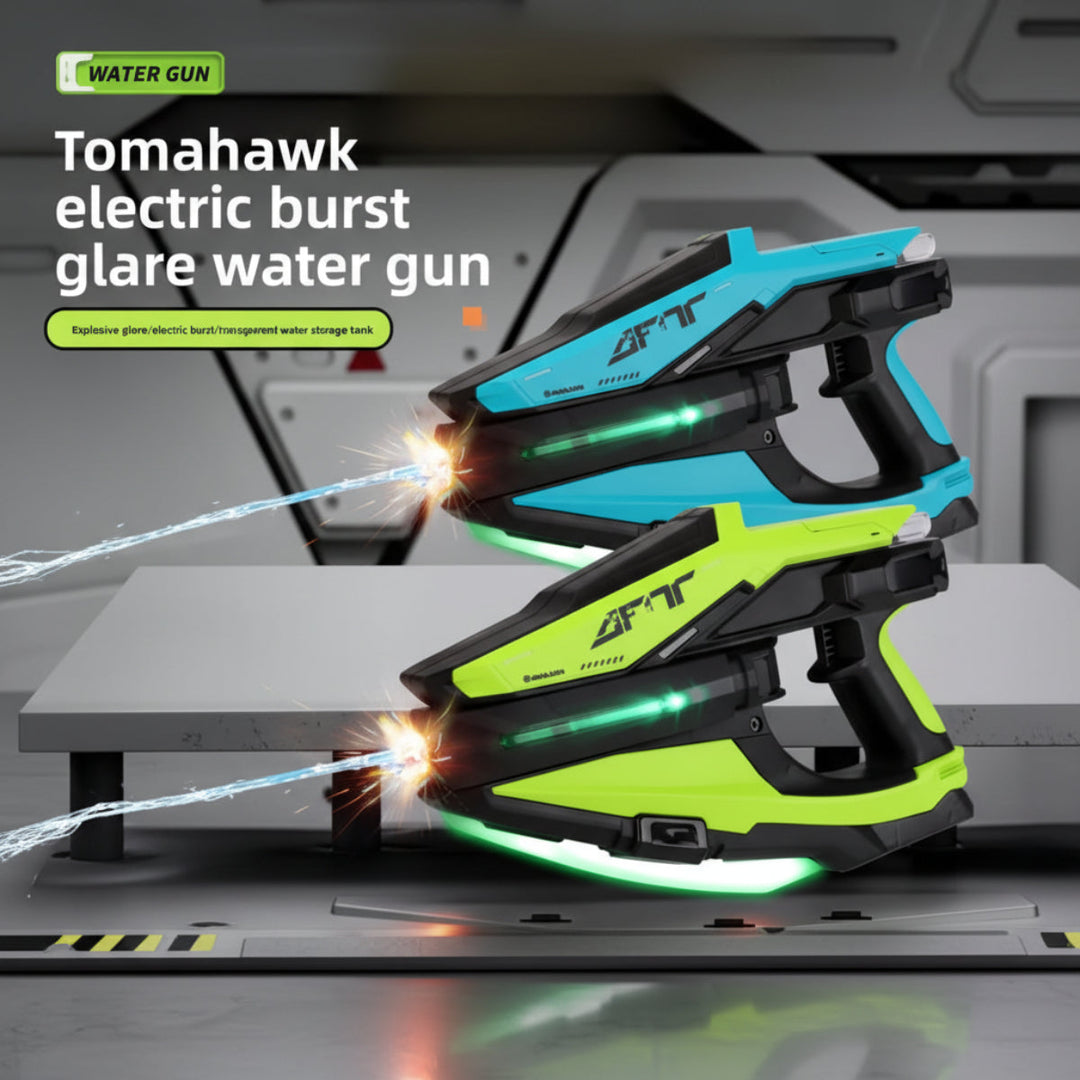 Blue and green electric water blasters shown spraying with illuminated side panels