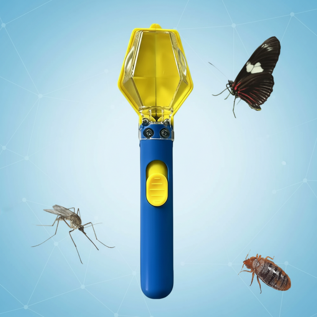 Blue insect catcher with a yellow-tinted viewing chamber and yellow thumb slider
