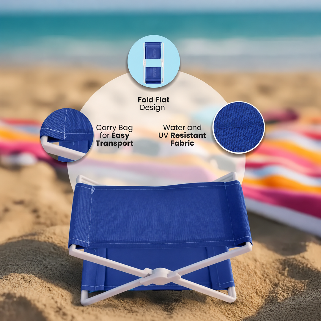 Blue folding headrest with a fold-flat inset and fabric detail callouts