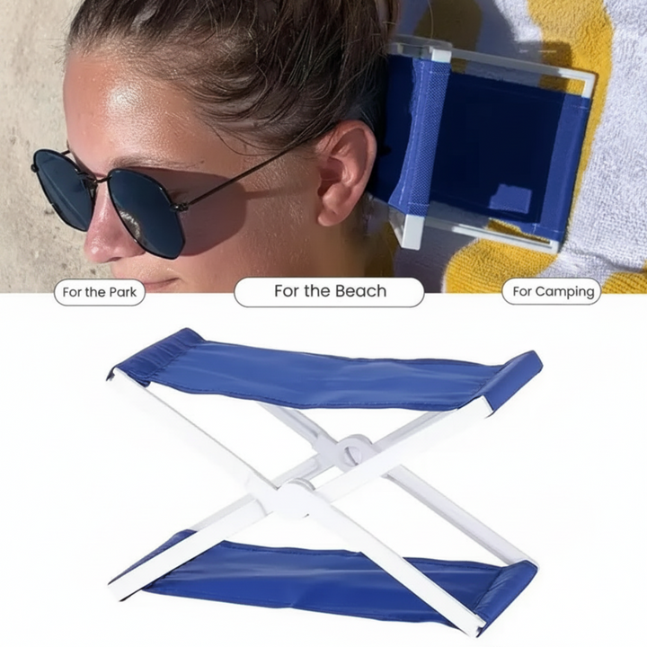 Blue folding headrest shown open and supporting a woman&