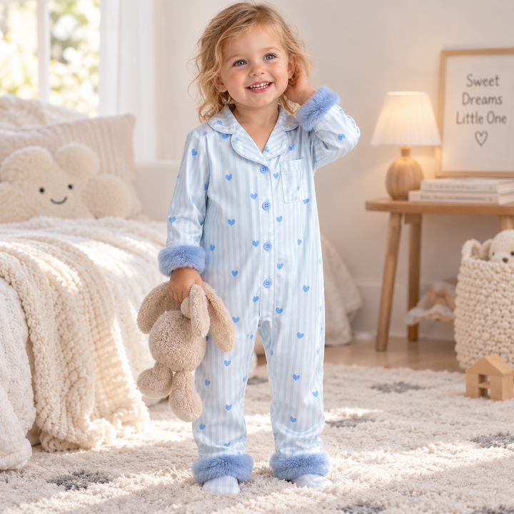 Child wearing a blue striped heart-print baby jumpsuit with plush cuffs while holding a stuffed bunny