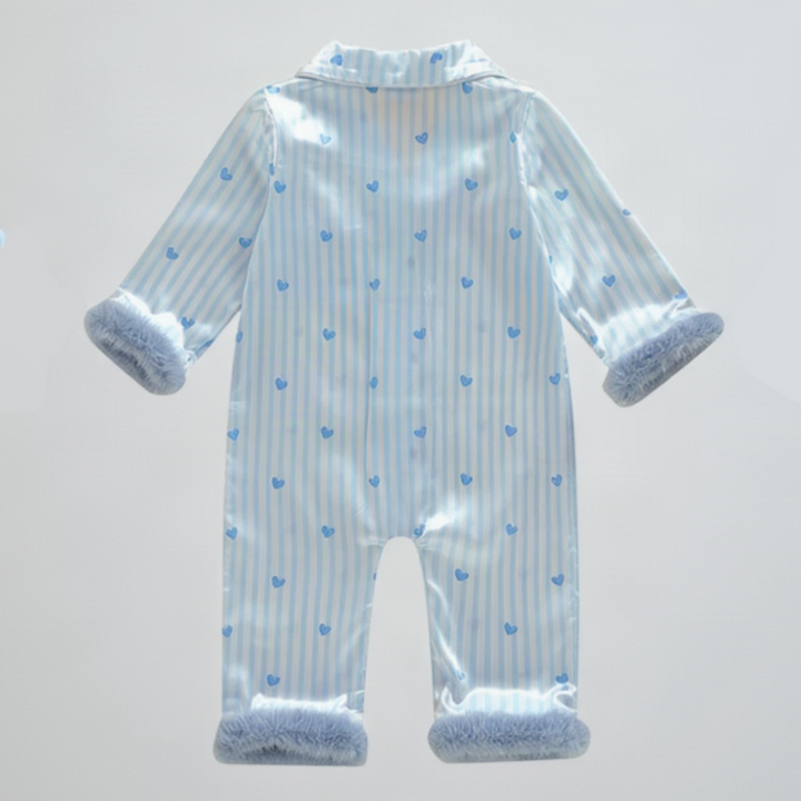 Back view of the blue striped baby jumpsuit with heart print and plush wrist and ankle cuffs